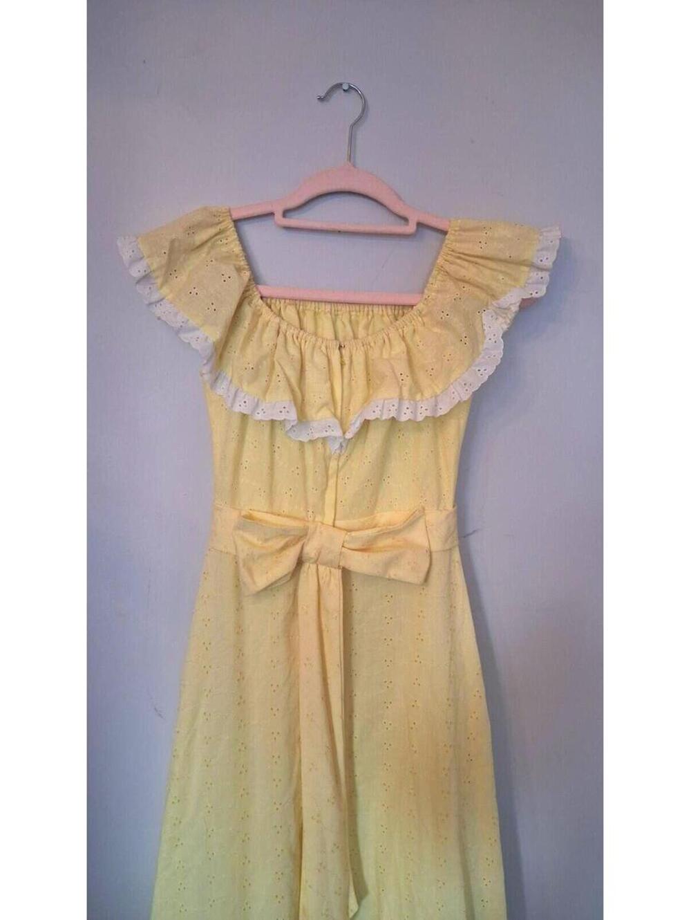 70s Vintage Yellow Ruffled Dress, Maxi Bridesmaid Prom Gown Size S Princess - Picture 5 of 9
